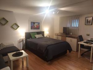 a bedroom with a bed and a desk and a television at Bonitoapartamento-Vienna in Vienna