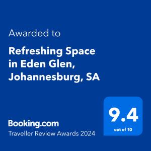Refreshing Space in Eden Glen, Johannesburg, SA tesisinde sergilenen bir sertifika, ödül, işaret veya başka bir belge