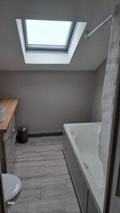 een badkamer met een dakraam en een toilet bij maison pas loin centre-ville in Reims