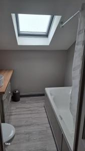 a bathroom with a skylight and a toilet at maison pas loin centre-ville in Reims