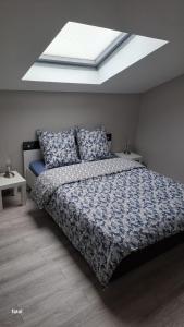 a bedroom with a large bed and a skylight at maison pas loin centre-ville in Reims