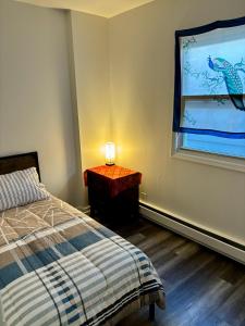 sypialnia z łóżkiem i dużym oknem w obiekcie Iron Bound Gem w mieście Newark