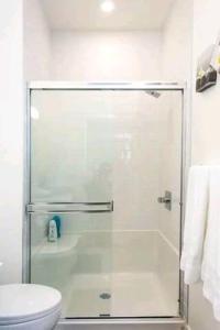 a bathroom with a glass shower with a toilet at Gem Havana 3 bedroom home in Calgary