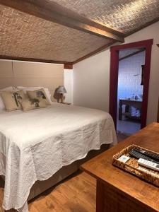 蒂拉登蒂斯的住宿－Chafariz Por Um Triz，一间卧室配有一张大床和一张桌子