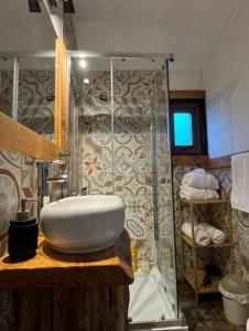 een badkamer met een wastafel en een douche bij Cabañas Boutique con Tinaja Privada en Pucón in Pucón