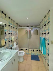 a bathroom with a toilet and a shower and a sink at Hostal Panama Experience in Panama City