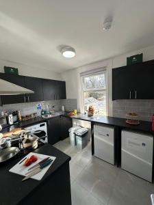 a kitchen with black cabinets and white appliances at Cambridge Central Rooms - Tas Accommodations in Cambridge
