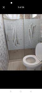 een badkamer met toilet en glazen douche bij Yang guest house/private room in Dauis