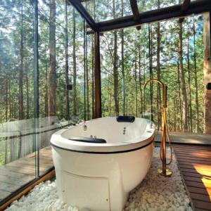 a bathroom with a bath tub in a forest at Tenda de luxo Guardião da Montanha in São Paulo dos Pinhais