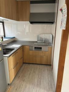 a small kitchen with a sink and a stove at 高知県　みどりの家 in Gomen