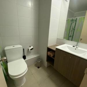 Apartamento Barcelona Miró N&A في سانتياغو: حمام ابيض مع مرحاض ومغسلة