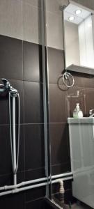 een badkamer met een douche en een spiegel bij Eko Vlasina in Vlasotince