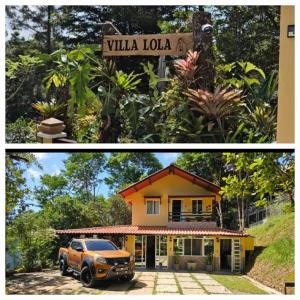 duas fotos de uma casa e um carro estacionado na frente em Majestuosa Villa en Las Montañas em Los Altos de Cerro Azul