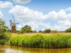 a windmill in a field of tall grass next to a river at The Venetian in Horning