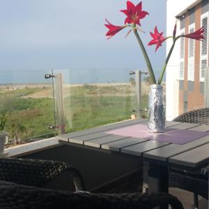 a vase with a flower on a table with a window at Real Resort Albania in Fushë-Draç