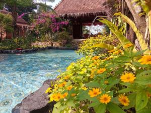 a pool with yellow flowers in front of a house at Villa Mak Cik in Yogyakarta