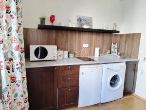 eine Küche mit einer Waschmaschine und einer Mikrowelle in der Unterkunft Fast Wi-Fi + Kitchen + In the Heart of Sofia in Sofia