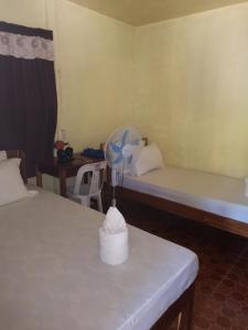 Camera con 2 letti e un ventilatore su un tavolo di Carmelita Beach Homestay a El Nido