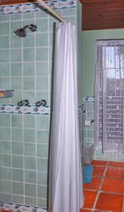 a bathroom with a shower with a white shower curtain at Calypso Court - Private 1 bedroom villa with pool villa in Cap Estate
