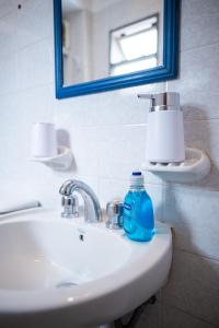 un lavabo con una botella de jabón azul. en Misionerita en Posadas