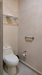 a bathroom with a toilet and a toilet paper dispenser at Ko'ox 52 in Mérida +15 photos