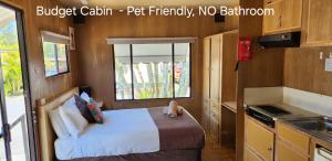 a small room with a bed and a kitchen at River Retreat Home & Holiday Park in Tweed Heads