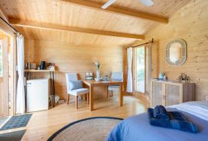 sypialnia z łóżkiem i biurkiem w kabinie w obiekcie Tweed Hinterland Eco Cabin 