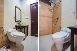 two pictures of a bathroom with a toilet and a shower at FabHotel City Chalet Saket in New Delhi