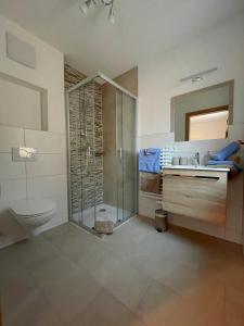 e bagno con doccia, servizi igienici e lavandino. di Wohnen am Almufer - Ferienwohnung Straßmair a Grünau im Almtal