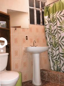 a bathroom with a sink and a toilet and a shower curtain at Casa de los Abuelos Hotel in Tecpán Guatemala