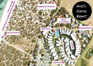 a site map of a park with buildings andyards at Dunes Villa South Shores Normanville walk to beach in Normanville