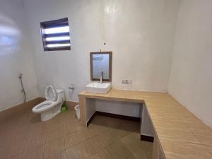 a bathroom with a sink and a toilet and a mirror at New Dindini Lodge in Kilindoni
