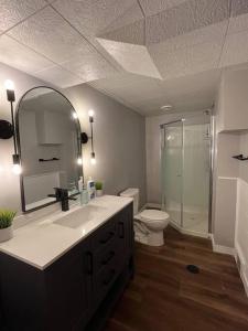 a bathroom with a toilet and a sink and a shower at Ambrosia Studio in Winnipeg