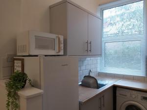 a kitchen with a refrigerator and a microwave at Portsmouth Apartment *Newly refurbished *Central in Portsmouth