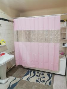 baño con cortina de ducha rosa y lavamanos en Dar mima baya en Túnez
