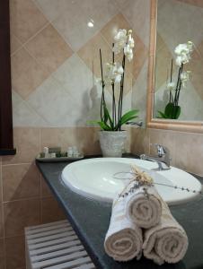 un lavabo con una toalla en la encimera en CuccuruAio' B&B, en Siamaggiore