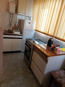 a small kitchen with a stove and a refrigerator at Apartment Vuk in Podgorica