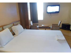 a bedroom with a large white bed and a television at Hotel Beena Mansion, Darbhanga in Darbhanga