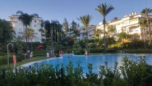 une grande piscine avec des palmiers et des bâtiments dans l'établissement Disfruta y Descansa en Marbella, à Marbella