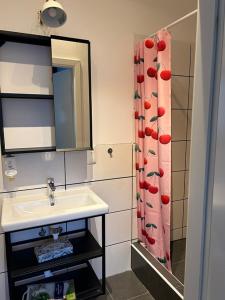 ein Bad mit einem Waschbecken und einem Duschvorhang in der Unterkunft Ferienwohnung Rose 42 Citynah, gehobene Ausstattung in Hamburg