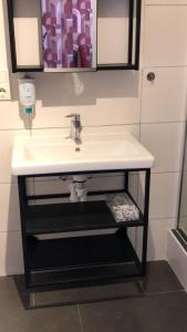 a bathroom with a sink and a mirror at Studio-Apartment Rockabilly 45 Citynah 60er Style in Hamburg