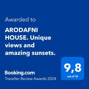 Certifikát, hodnocení, plakát nebo jiný dokument vystavený v ubytování ARODAFNI HOUSE. Unique views and amazing sunsets.