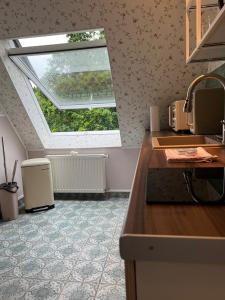 uma cozinha com um lavatório e uma janela num quarto em Studio-Apartment 29 beim Saseler Markt frisch renoviert em Hamburgo