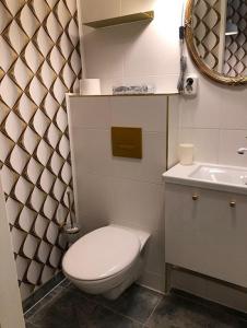 uma casa de banho com um WC branco e um lavatório. em Studio-Apartment Rektor Suite 26 am Saseler Markt renoviert em Hamburgo