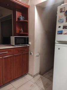 uma cozinha com um frigorífico e um micro-ondas em 1 Bedroom Cosy Apartment near Botanical Garden em Yerevan