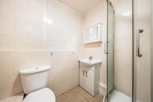 a bathroom with a toilet and a sink and a shower at Central Apartment in Bedford