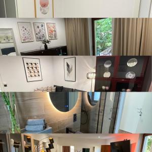 eine Collage mit Bildern eines Wohnzimmers in der Unterkunft MYSTAY BERLIN Müggelheim in Berlin