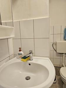 a bathroom with a white sink and a toilet at Ap 3- 51qm bei Oschersleben und Helmstedt in Ausleben