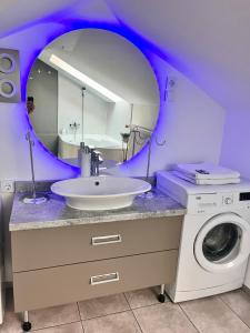 a bathroom with a sink and a washing machine at Chill apartman in Budakalász