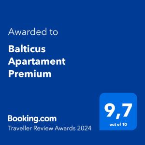 Certifikát, ocenenie alebo iný dokument vystavený v ubytovaní Balticus Apartament Premium